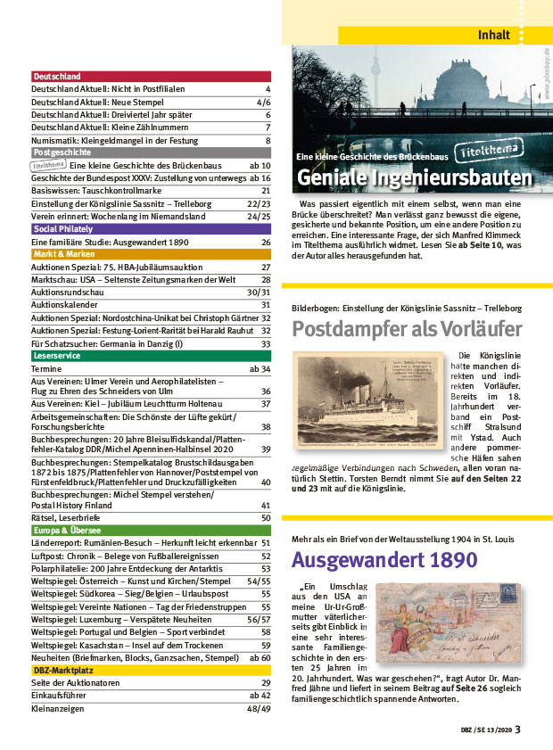 Deutsche Briefmarken_Zeitung_13_2020_Juni_Bruecken_Schifffahrt_Social_Philately-Inhalt