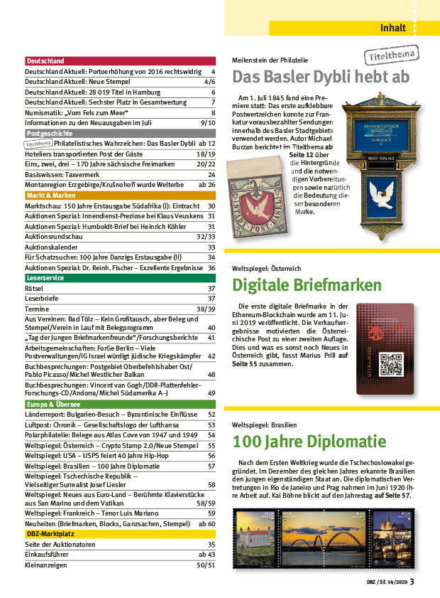 Deutsche_Briefmarken-Zeitung_7-2020_Basel_Taube_Schweiz_Dybli_Krypto_Brasilien_Diplomatie_Inhalt