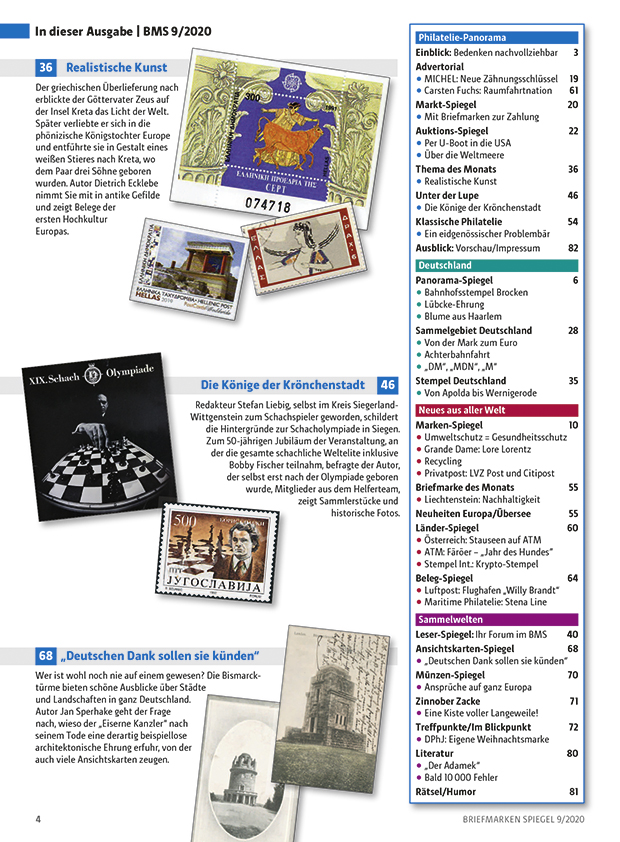 Inhaltsverzeichnis Briefmarken Spiegel September 2020