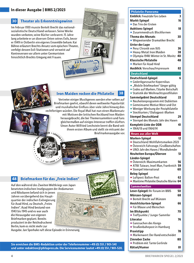 Briefmarken_Spiegel_Februar_Bertold_Brecht_Iron_Maiden_Indien_Praxistipp_inhalt