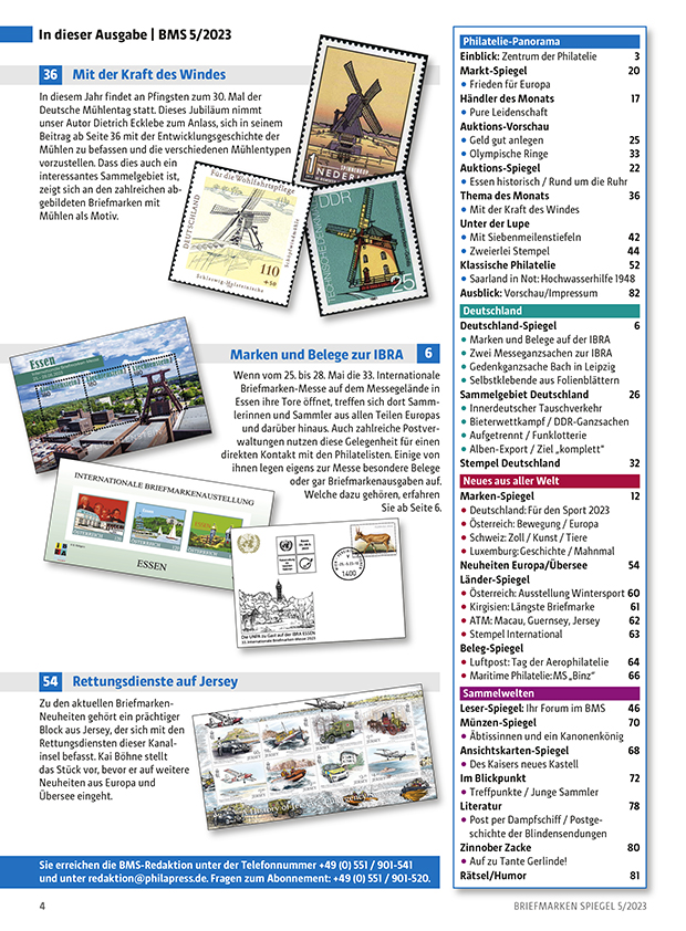 Briefmarken_Spiegel_Mai_2023_Muehlentag_IBRA_Laengste_Briefmarke_Frieden_inhalt