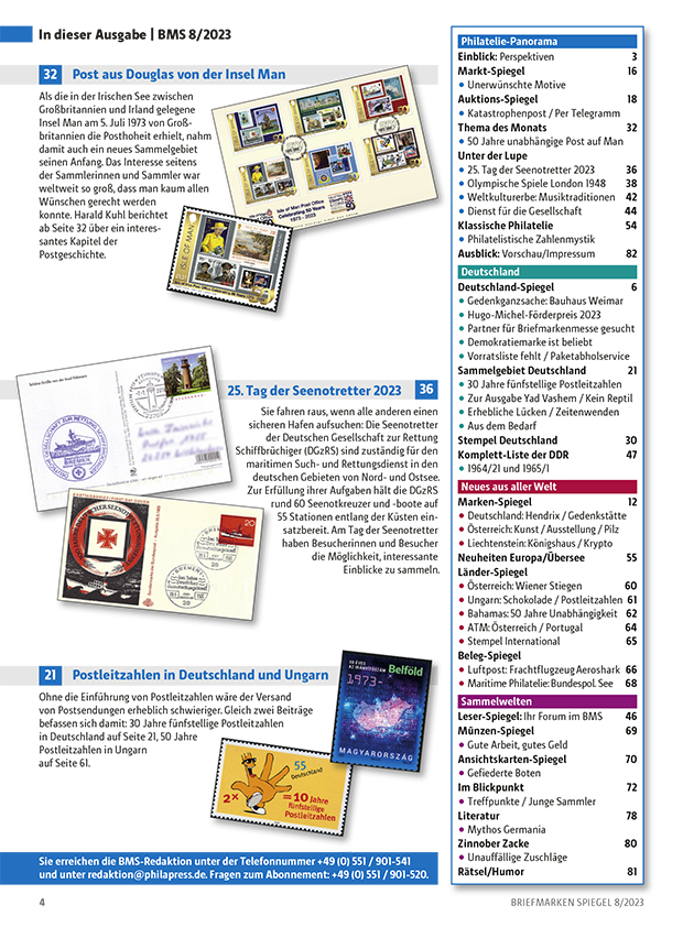 Briefmarken_Spiegel_August_2023_Oik_Postagh_Ellan_Vannin_Insel-_Man_Seenotretter_Postleitzahlen_Briefmarkenmesse_inhalt