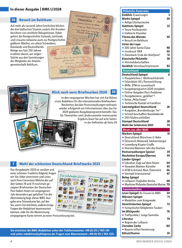 bms_01_2024_estland_lettland_litauen_baltikum_jahresvorschau_briefpost_daenemark_schoenste_marke_2023_inhalt