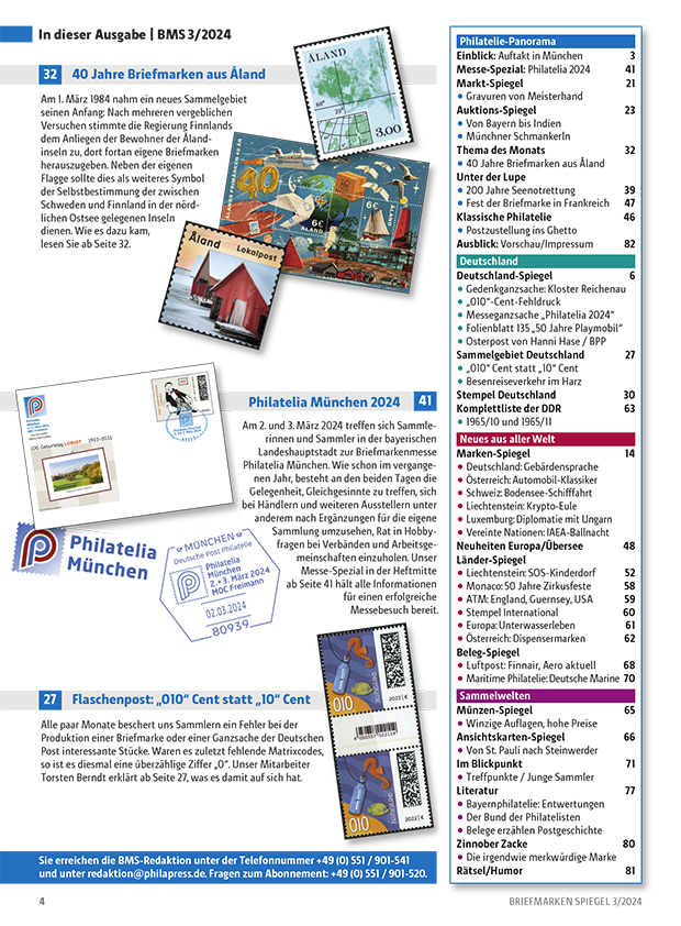 bms_03_2024_Sammelgebiet_Aland_Osterpostamt_Welt_der_Briefe_010_Cent_Philatelie_Muenchen_Inhalt.