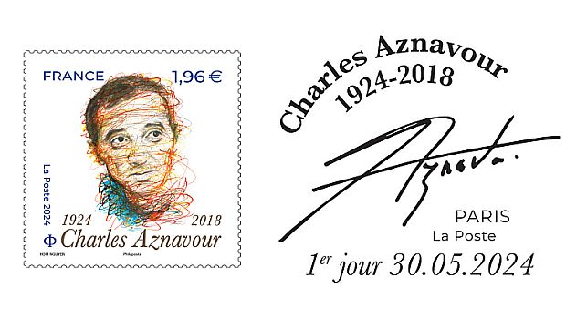 Charles Aznavour auf Briefmarke aus Frankreich zum 100. Geburtstag 2024