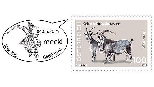 Briefmarke und Stempel Blobe Ziege Oesterreich 2025