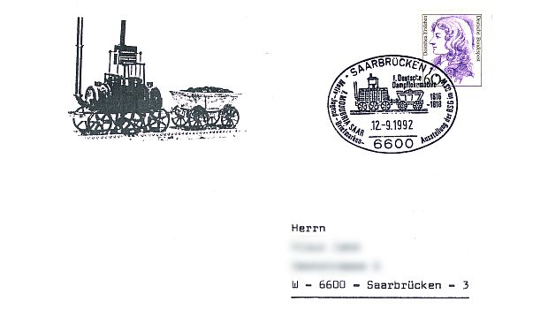 Erste deutsche Dampflokomotive Beleg und Sonderstempel Briefmarken