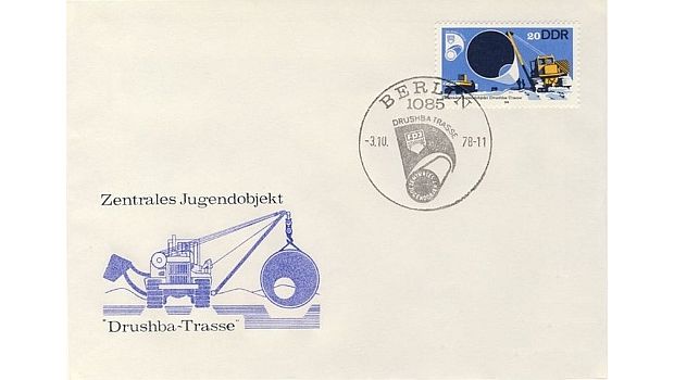 Offizieller Ersttagsbrief der Drushba-Sondermarke mit detailreich gestaltetem Kuvert und passendem Ersttagsstempel