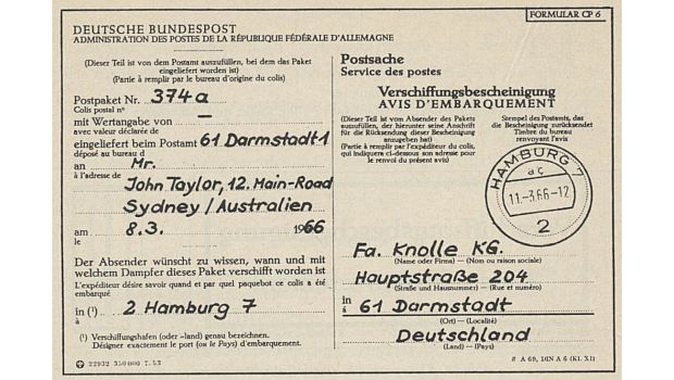 Verschiffungsbescheinigung der Deutschen Bundespost