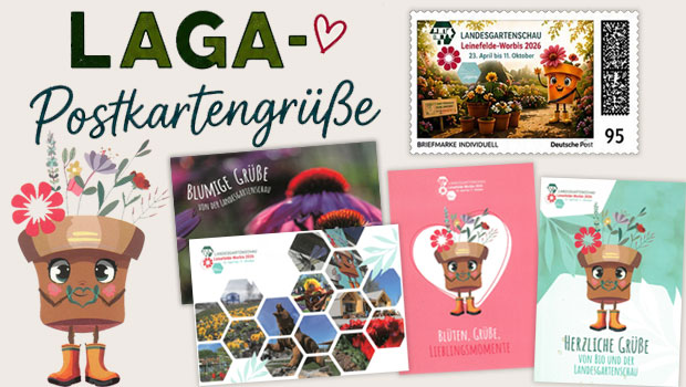 Postkartengrüße von der LAGA, Postkarten und Briefmarke von der Landesgartenschau Leinfelde-Worbis